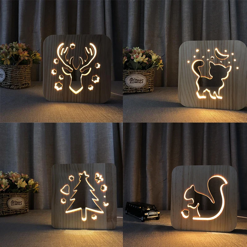 Деревянный ночник с животными USB Настольная зарядная лампа для чтения настольная
