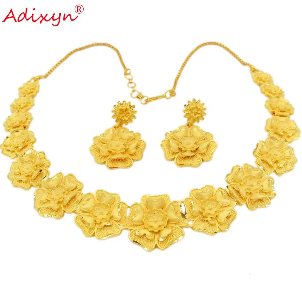 Adixyn Новый Дубай ювелирный набор в форме цветка ожерелье серьги золотой цвет
