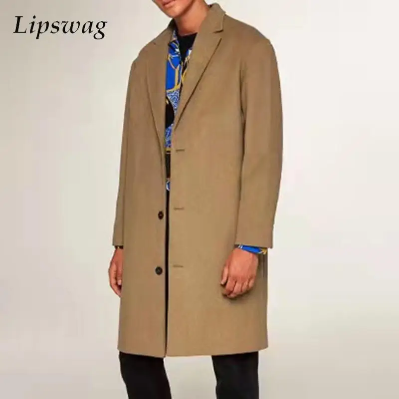 

2022 Spring Casual Mens Turn-down Collar Overcoats Simple Fashion Solid Color Outerwear For Men Winter Warm Wool Cotton Mid Coat