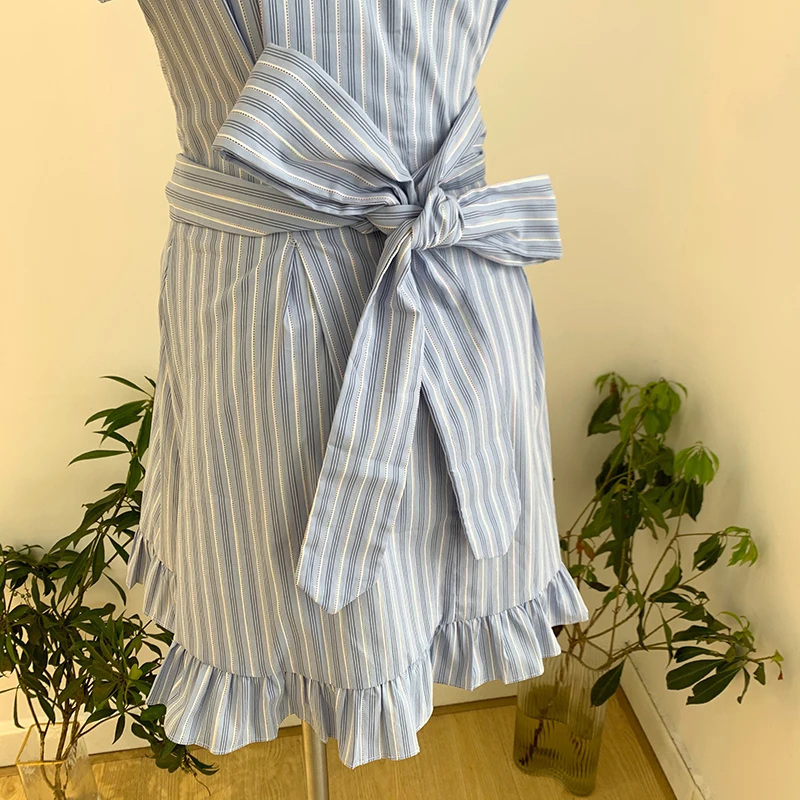 

GALCAUR Single Breasted Striped Dress For Women Lapel Collar Puff Short Sleeve High Waist Hit Color Mini Dresses Female 2021 New