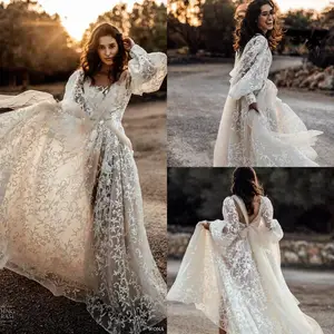 2020 Bohemian Wedding Dresses Long Sleeves V Neck Appliques Boho Bridal Gowns Lace Sweep Train A Line Beach Wedding Dress 2020 Bohemian Wedding Dresses Long Sleeves V Neck Appliques Boho Bridal Gowns Lace Sweep Train A Line Beach Wedding Dress