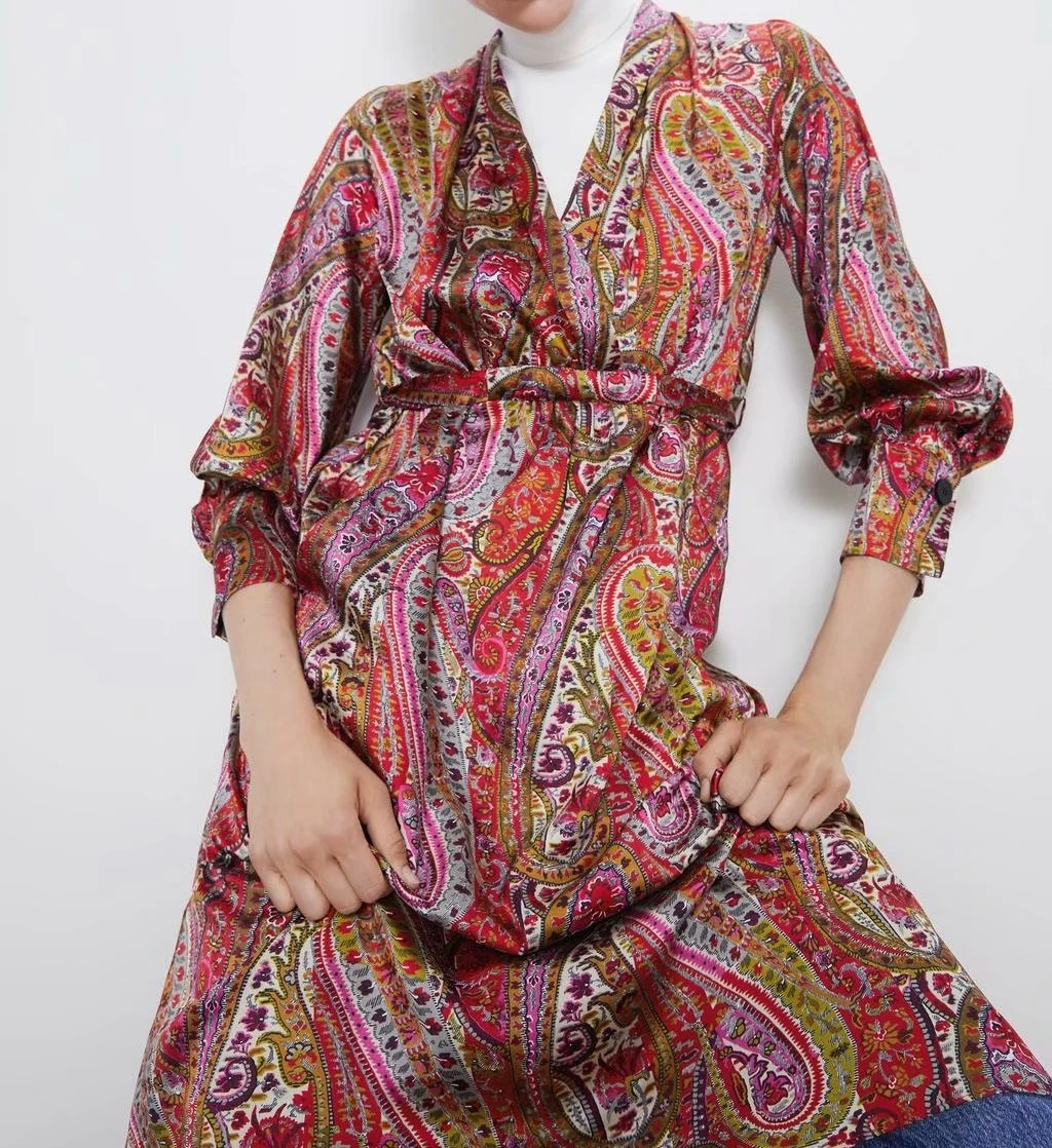 2019 осеннее Новое Женское платье с народным принтом прямое длинное поясом v