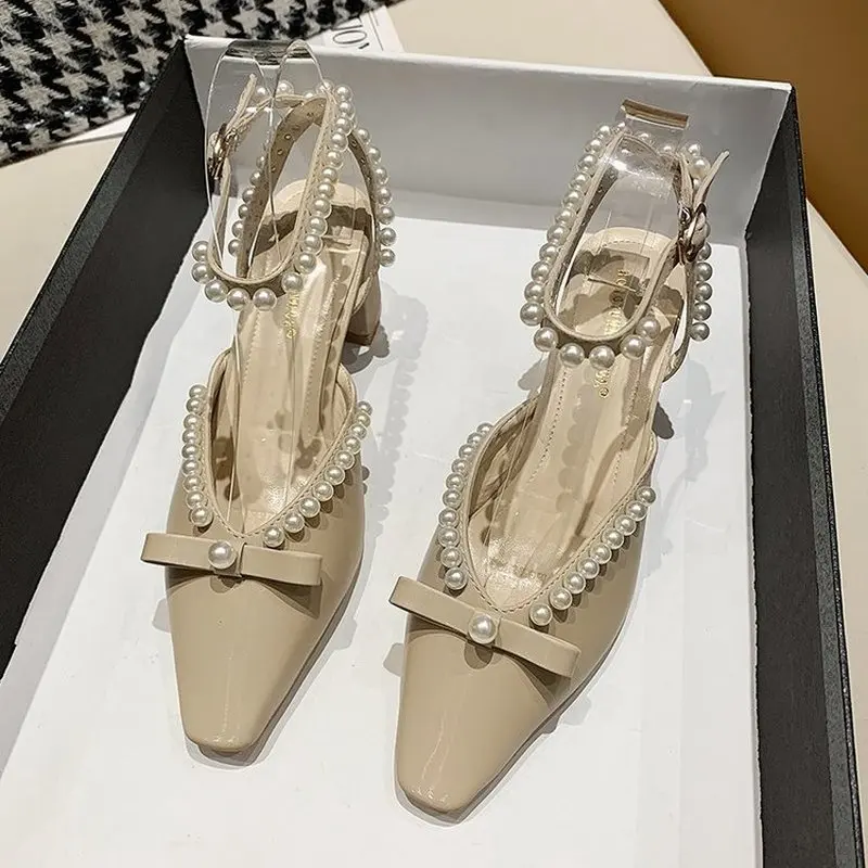 

Shallow Mouth Fashion Buckle Strap Beaded Female Shoes Branded Pumps Chunky Sandals Heels Square Toe 2021 New Women's Shoes