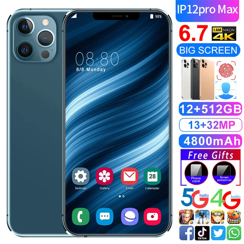 

Newest Smartphone i12 PRO MAX Unlocking 4K HD Screen Global Version 4800mAh Battery 8GB RAM 256GB ROM 4G LTE 5G Mobile Phone