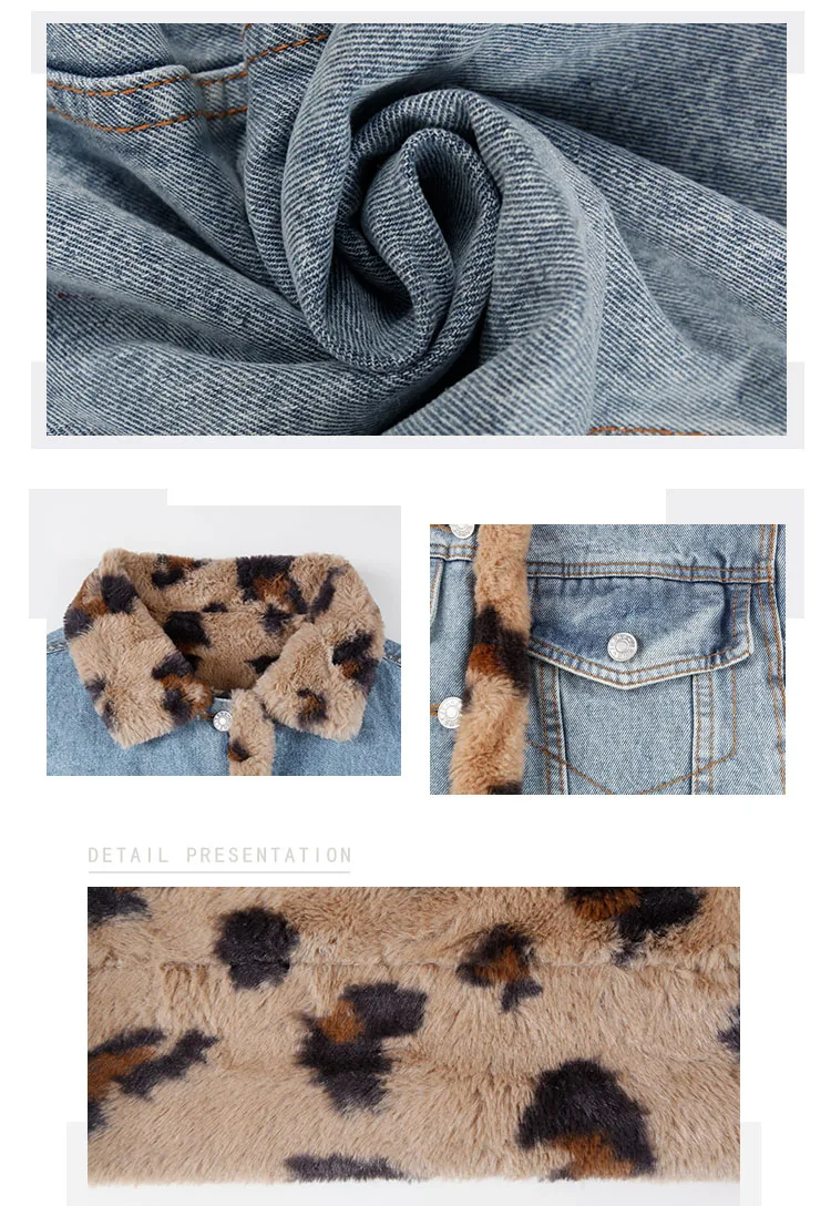 

Fashion Women Leopard Faux Rabbit Reversible Denim Jackets Coats Thick Warm Autumn Winter Loose Parkas Outerwear Oversize WJ68