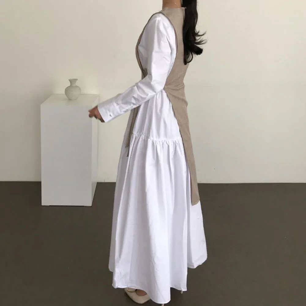 

Belted Peated Patchwork Office Dress Women 2021 Spring Autumn Long Robe Chic New Korean Elegant White Dresses Long Sleeve