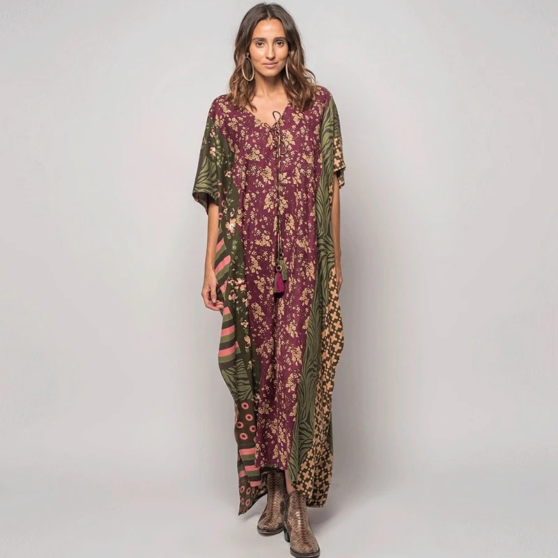 

Mumu Dress Boho Backless Deep V-Neck Sexy Maxi Dresses Women's Kaftan Hawii Holiday Beach Cover Up Luxe Dubai Caftan Robe Tunic