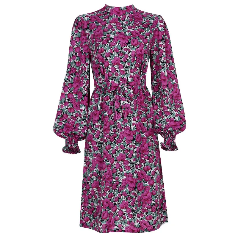 

Spring Autumn Floral Midi Dress Women 2021 Summer Stand Collar Chiffon Lantern Sleeve Woman Lace Up Dresses Elegant Vestidos