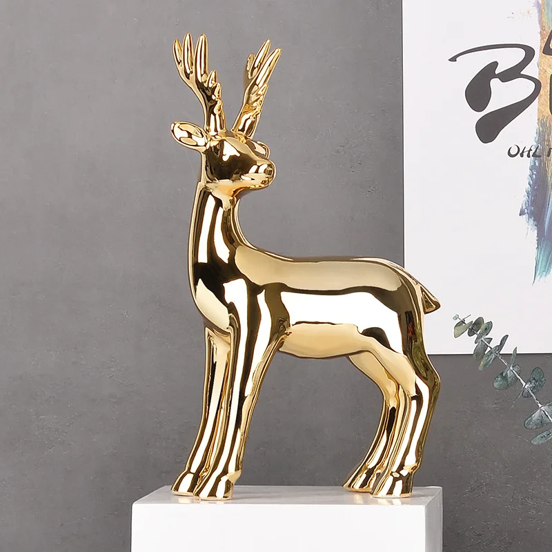 

Gold Plated Ceramic Deer European Living Room Porch Home Decoration Ornament