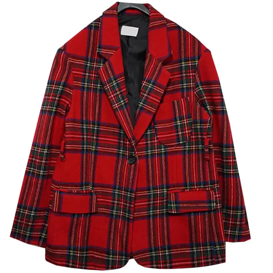 

2020 spring autumn vintage plaid blazer women loose belted patchwork suit jacket