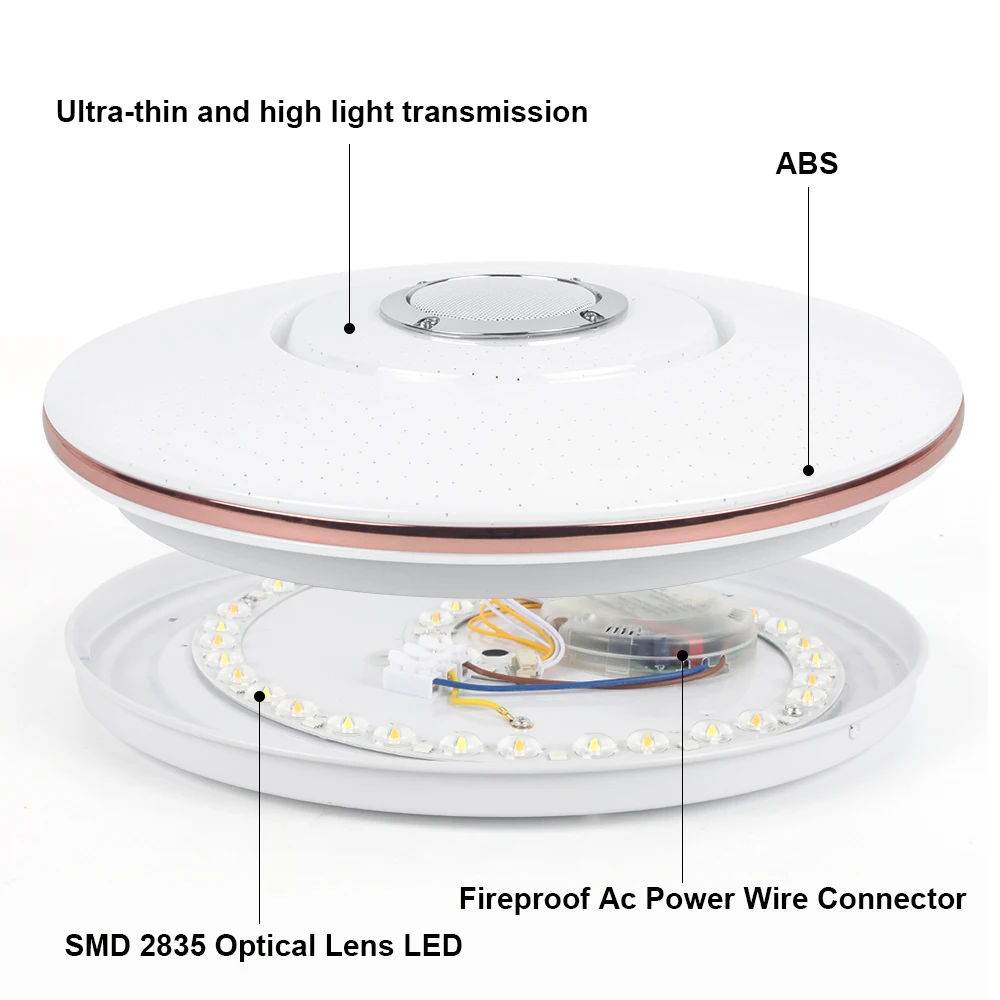 Lámpara de techo con luz LED de 48W y 180-214V para iluminación del hogar y Hotel, lámpara de música con altavoz, Bluetooth y Control remoto por aplicación móvil