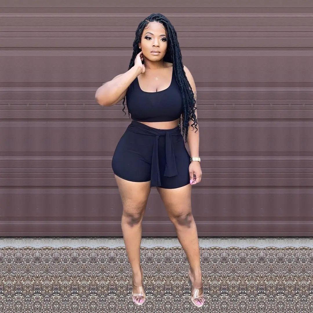 

Women 2 Piece Set Tracksuits Bandage Jogger Shorts Outfits + Slim Tank Tops Sleeveless Crop Top 2021 Summer Casual Y2K Clothes