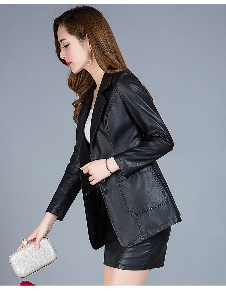 Женская кожаная куртка стройная большого размера на весну и осень новинка 2020 для