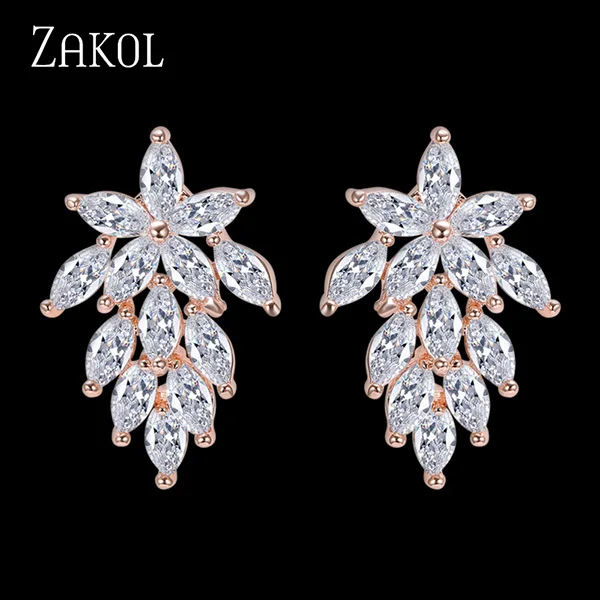 Rose Gold Color Модные высококачественные серьги-гвоздики в виде листьев из Кубического циркония ZAKOL для женщин, свадебные украшения для вечеринки, дня рождения FSEP558 - Окраска металла: Rose Gold Color
