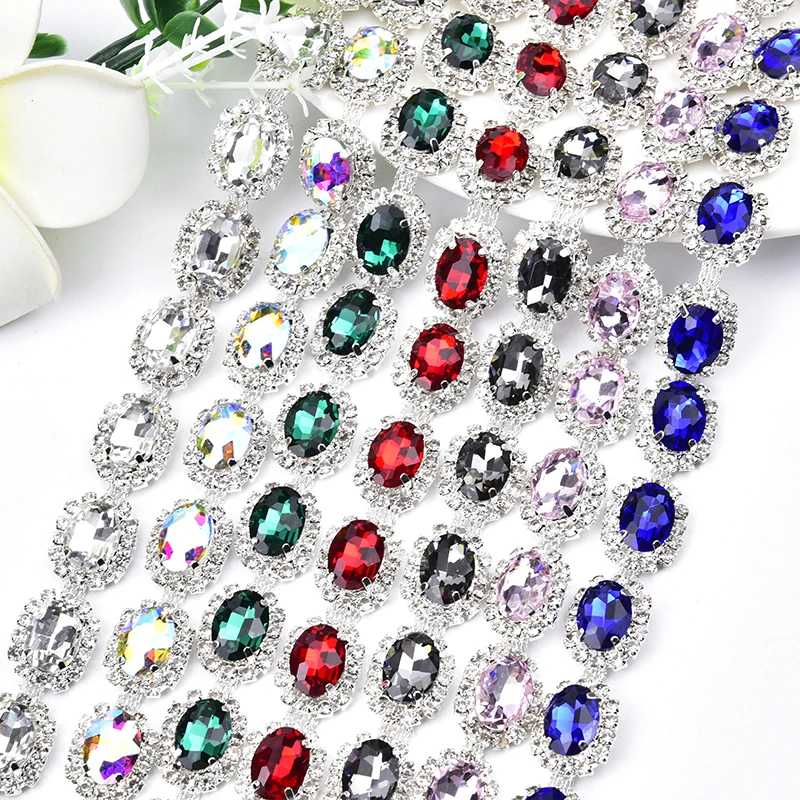 1 ярд Кристалл Стразы Цветочная цепочка аппликация Пришивание овальной алмазной