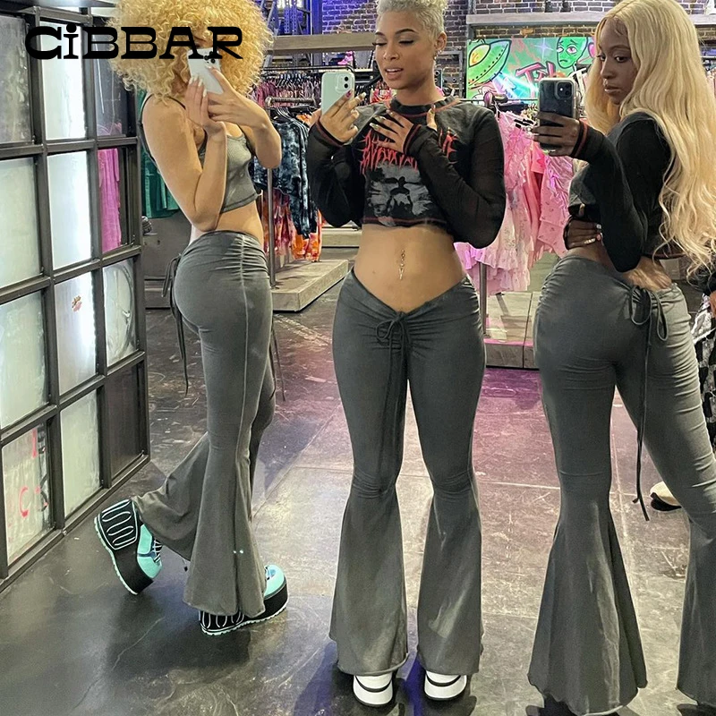 

CIBBAR Autumn Solid Shirring Bandage Slim Flare Pants Women Elegant Fashion Casual Basic All-Match Boot Cut Female Streetwear