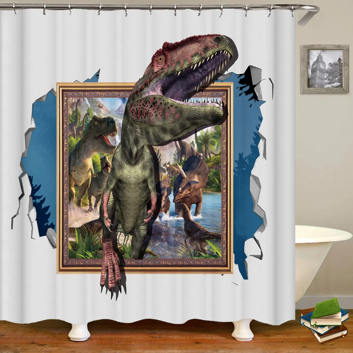 

3D broken wall dinosaur printing dinosaur shower curtain polyester waterproof household decorative shower curtain 180x200cm
