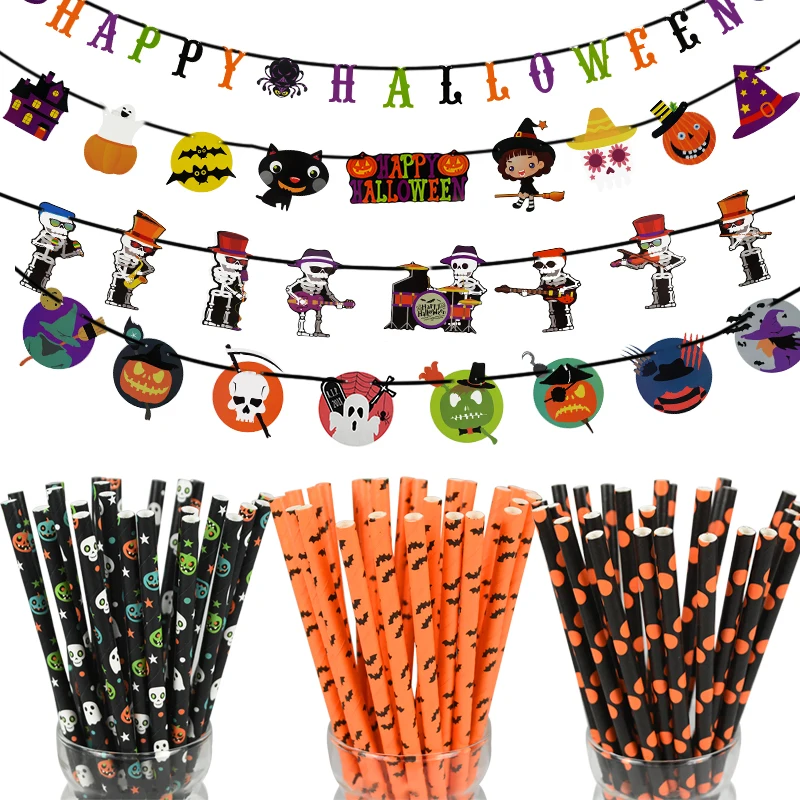 Одноразовые бумажные соломинки на Хэллоуин ужас тыква летучая мышь призрак