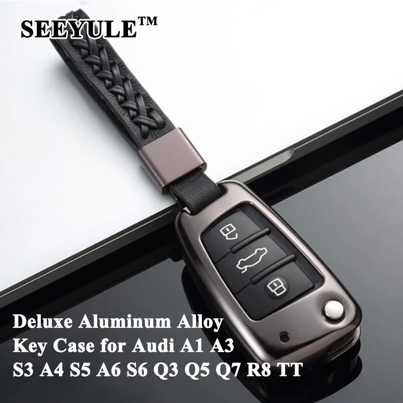 Чехол SEEYULE для автомобильного ключа из алюминиевого сплава с кожаным ремешком