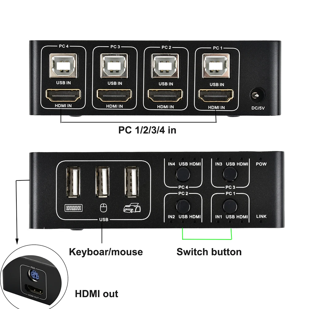4 порта HDMI KVM коммутатор 4 к USB HDMI KVM коммутатор 4 в 1 выход горячий ключ 4 к X 2 к/30 Гц win10/8/mac os. ПК ноутбук