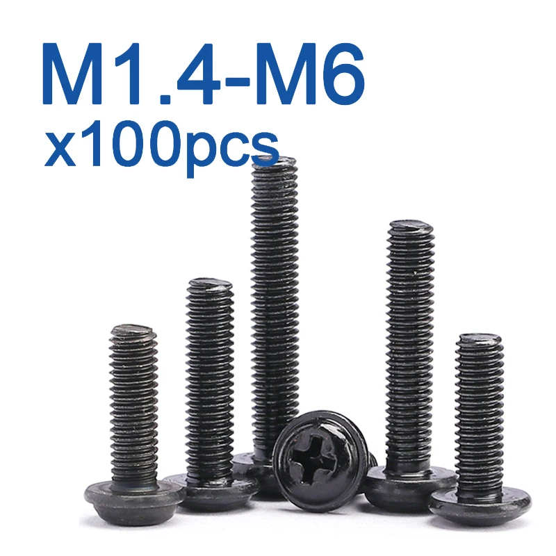 100 шт./лот PWM черные винты с шайбой M1.4 M2 M2.5 M3 M 3 5 M4 M5 M6 фиксированные для материнской