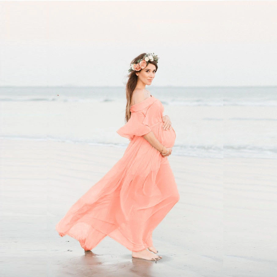 

Shoulderless Maternity Photography Props Long Dress Ruffles Pregnancy Dresses Elegence Pregnant Women Maxi Gown For Photo Shoots