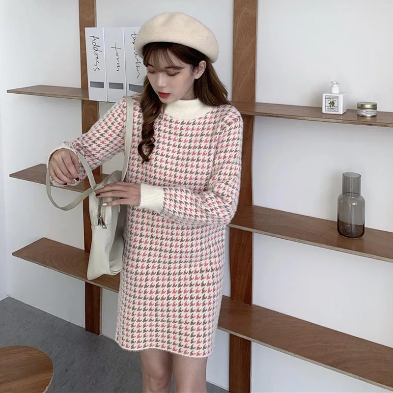 

One-Piece 2020 New Korean Style Winter Chic Dress French O-Neck Slim Sexy Temperament Knitting Dress Thicken Base Sweater Dress