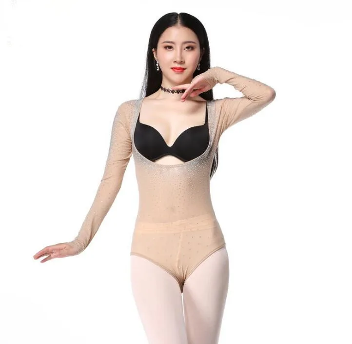 Женское блестящее трико с открытым бюстом топ для танца живота длинным рукавом и