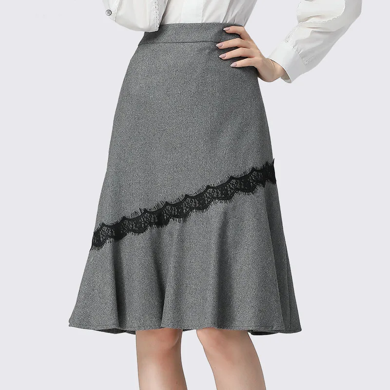 

Fashion Womens Winter Wool Wrapped Skirt High Waist Lace Splicing Draped Midi Skirts Ladies Plus Size Warm Sexy Casual Skirts