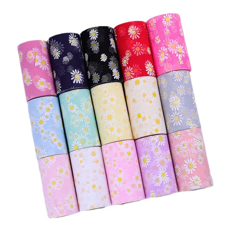 25yards 8cm12cm15cm small daisy printed mesh roll tulle ribbon fabric diy craft wedding home birthday decoration bow materia free global shipping
