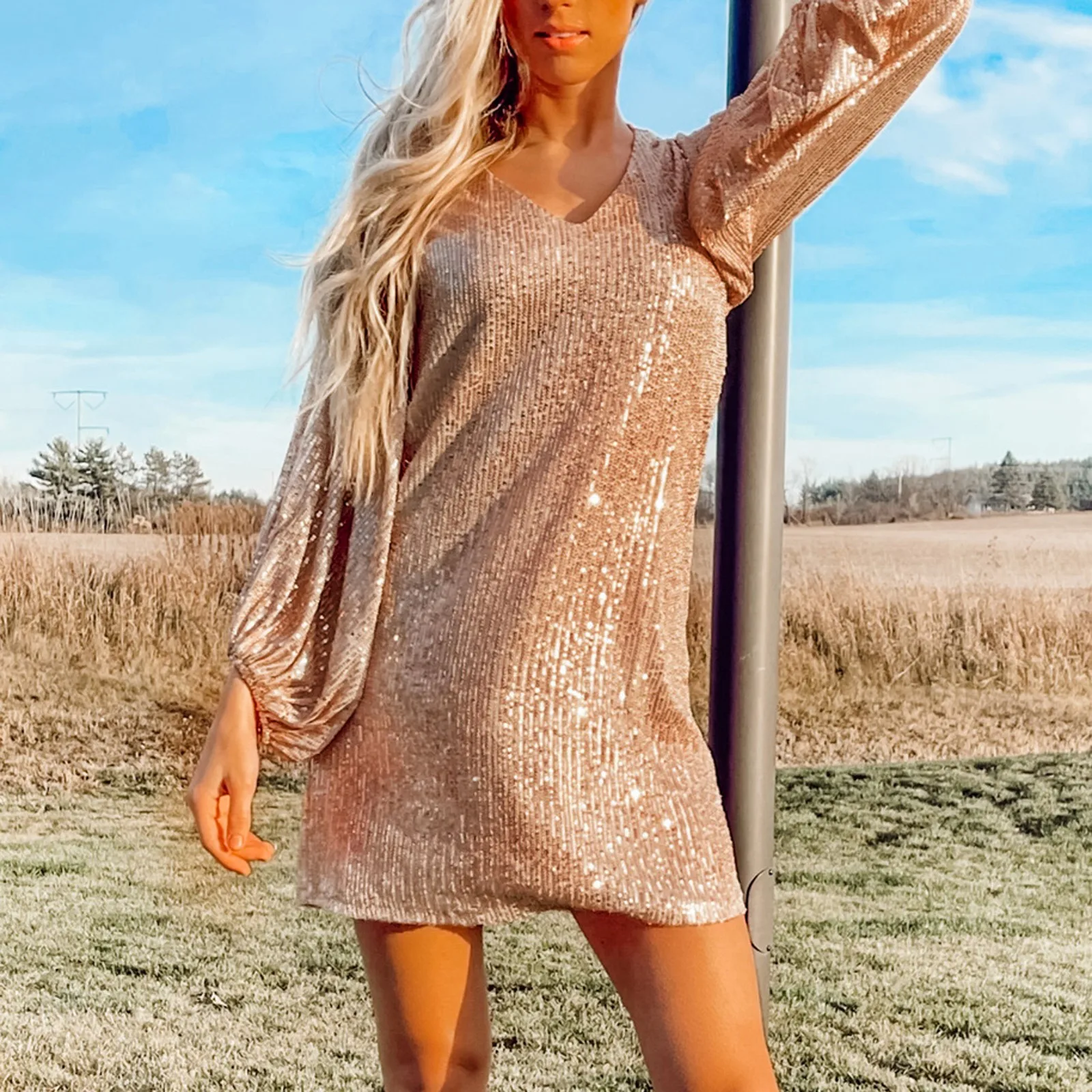 

Sequined Long Sleeve Dress Women's Fashion Sexy Sequin Deep V Long Sleeve Lantern Sleeve Dresses