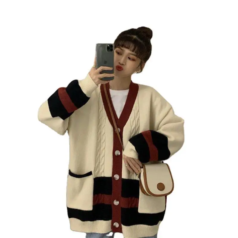 

2020 new twist stitching long-sleeved sweater jacket female spring and autumn college style Korean loose sweater cardigan jacket