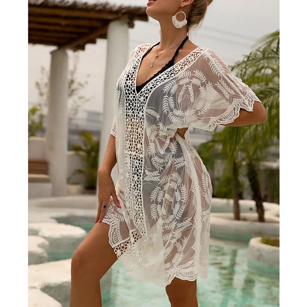 

Женский прозрачный костюм с цветочным принтом, купальный костюм с V-образным вырезом, Пляжное платье с коротким рукавом