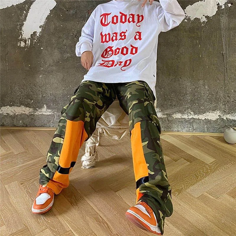 

Pants men and women Han Harajuku winter contrast color stitching drawstring loose camouflage sweatpants streetwear Loose