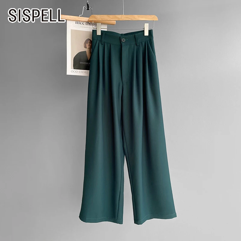 

Женские брюки SISPELL с высокой талией, однотонные Свободные плиссированные повседневные Прямые Штаны с широкими штанинами, со складками