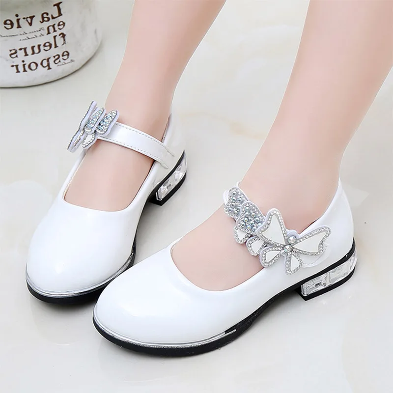 

2021 Spring Girls Shoes White Wedding Shoes Bridal Princess Shoes Butterfly Mary Janes Kids Big Girl Low Heels Party Shoes 1-13y