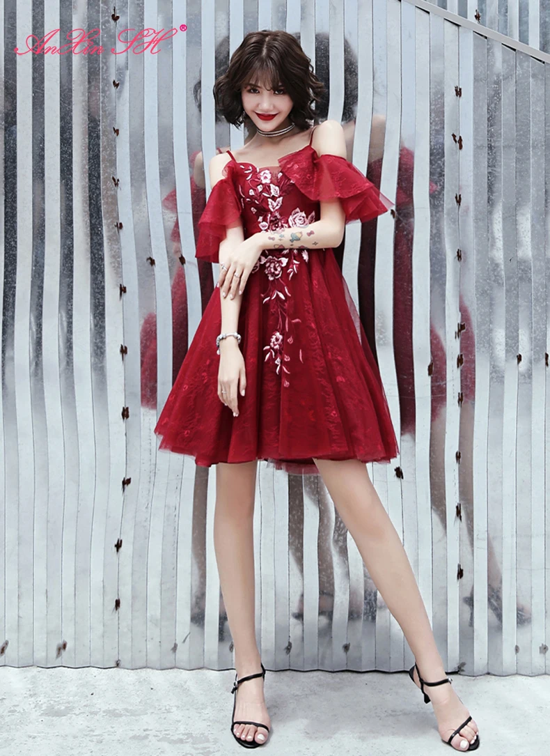 AnXin SH принцессы винный красный цветок кружева С НАБОРНЫМИ БРЕТЕЛЬКАМИ оборками