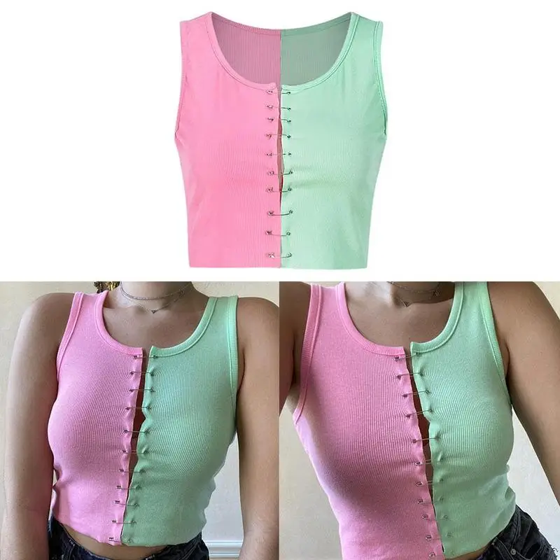 

Pink Stitch Heart Sleeveless Tank Tops E-girl Summer Crop Top O-neck Top Clips Hollow Streetwear Punk Out C9V8