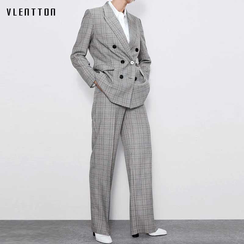 Женский винтажный клетчатый комплект из двух предметов длинный пиджак и брюки на