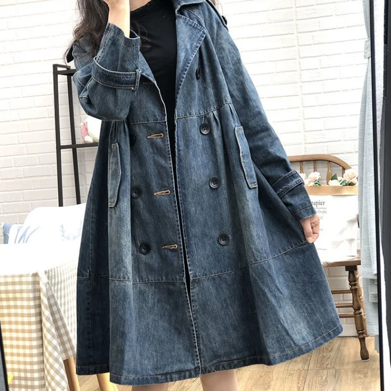 

Women's Clothing Autumn Winter Denim Trench Coat Loose High Waist Double Breasted Jean Windbreaker Coat