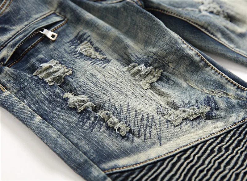 

New Fashion stitching ripped jeans men's male trendy straight personality retro locomotive folds frayed beggar pants trousers