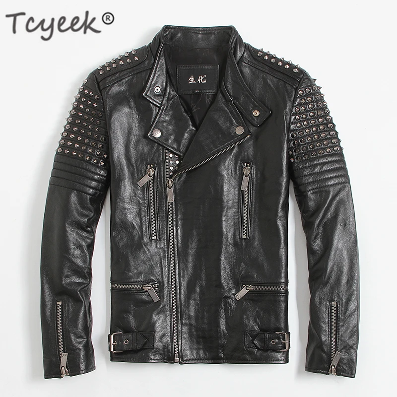 

Tcyeek 100% Genuine Leather Jacket Men Rivet Motociclista Biker Real Cow Leather Coat Man Fashion Streetwear Fit Chaqueta 1665