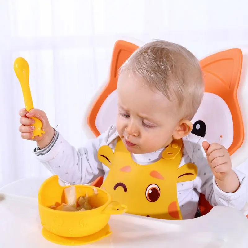 

3 Pcs Baby Newborn Cartoon Bibs Bowl Spoon Set Waterproof Food Grade Silicone Feeding Saliva Towel Adjustable Aprons Burp Access