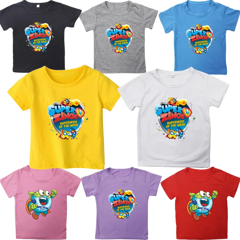 

Футболка Super Zings, Детская футболка для мальчиков и девочек, футболки с мультяшным принтом и круглым вырезом, детская одежда, повседневная фут...
