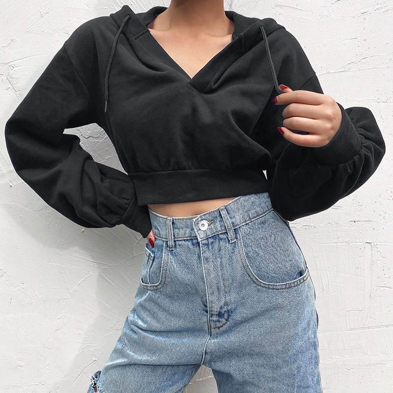 

Fashion Women’s Cropped Hoodies Casual Long Sleeve V Neck Solid Color Loose Fit Drawstring Sweatshirts Crop Tops Black White
