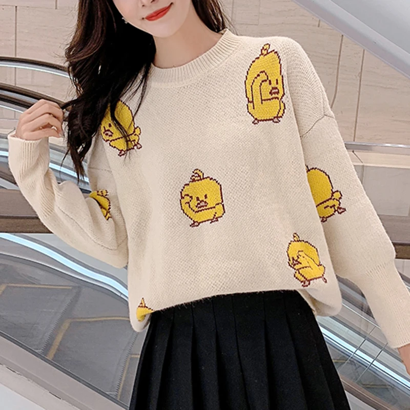 green apricot gray white black little yellow duck sweater o neck knitted pullovers long sleeve winter autumn M0075 | Женская одежда