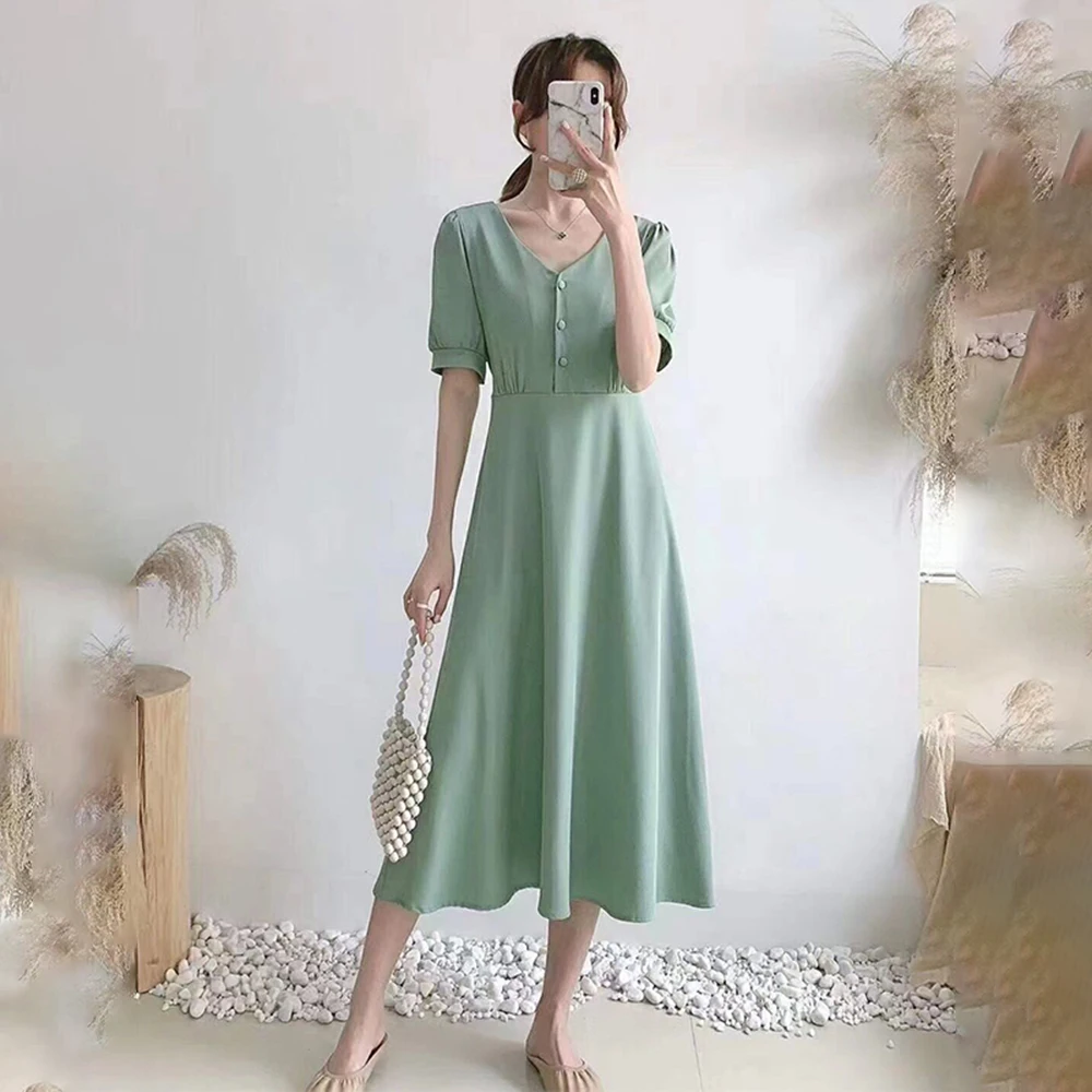 

Korean Fashion Summer 2021 Women's Dress Temperament Elegant Retro High Waist Solid Color V-neck Simple Popular