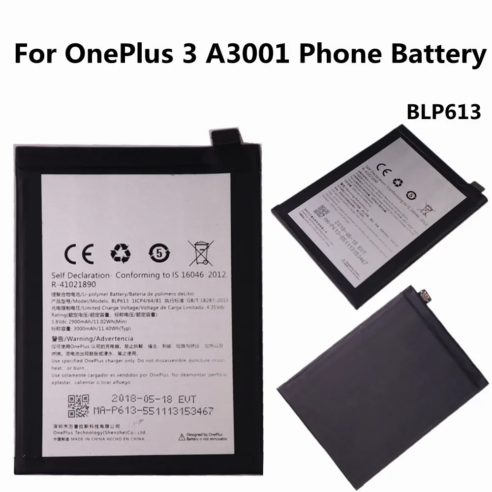 

100% Original BLP613 Battery For OnePlus 3 A3001 Phone Battery 3000mAh Replacement Batteries
