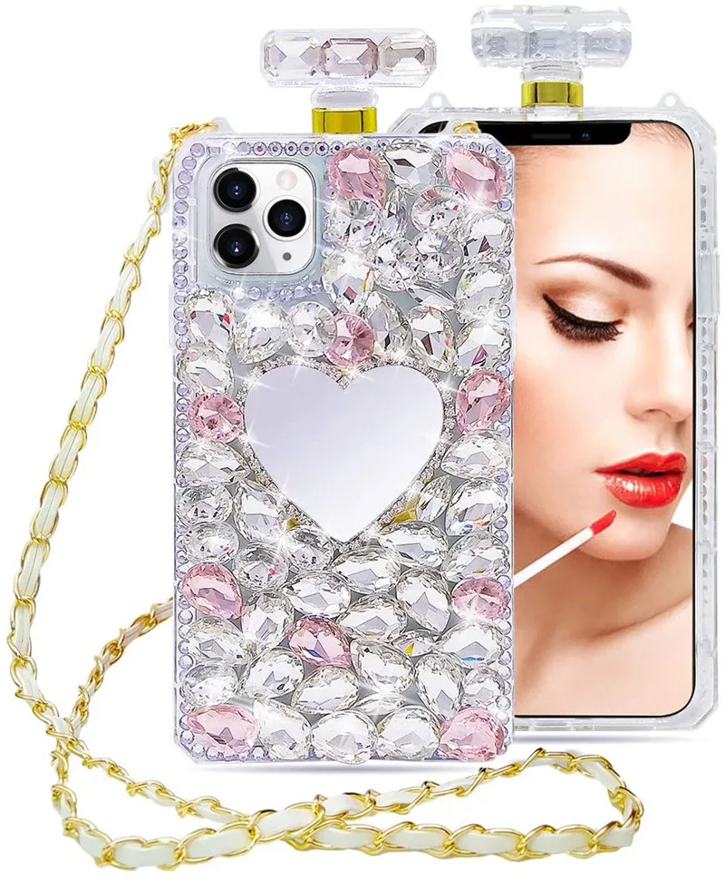 

Bling Diamond Perfume Bottle Heart Make up Mirror Case Cover For Samsung Galaxy Note 20 10 S22 S21 S20 Ultra S10E/9/8 Plus