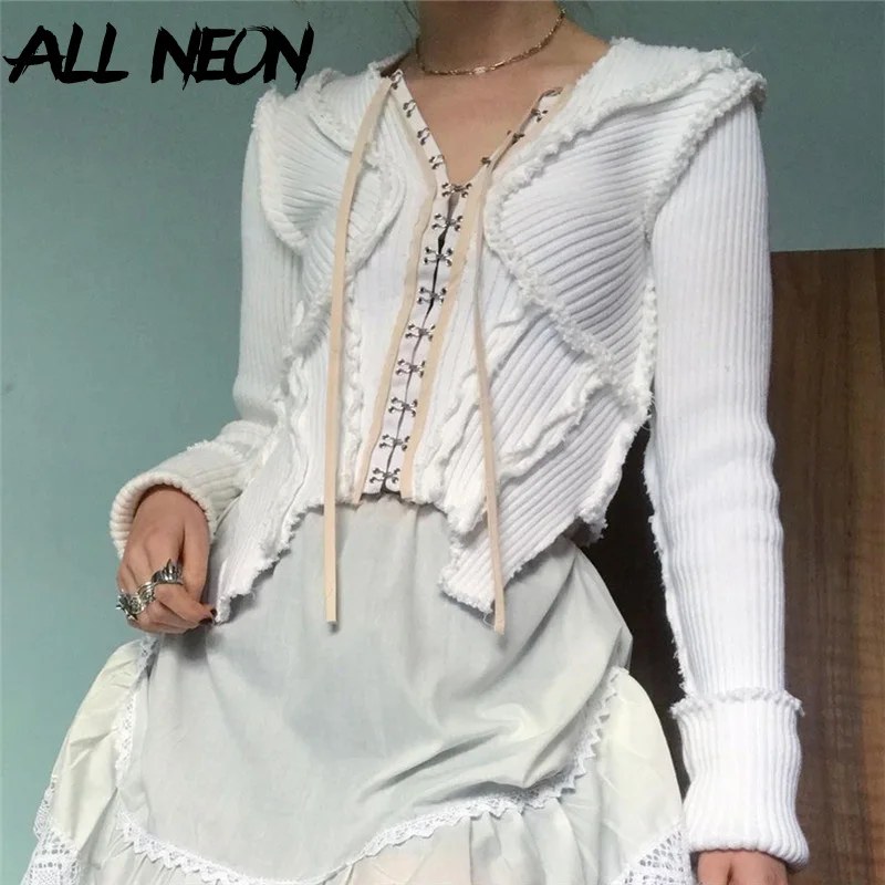 

ALLNeon Y2K Fairy Grunge Button Up Ribbed Whiite Cardigans 2000s Aesthetics Drawstring Long Sleeve Knit Crop Jumpers Irregular